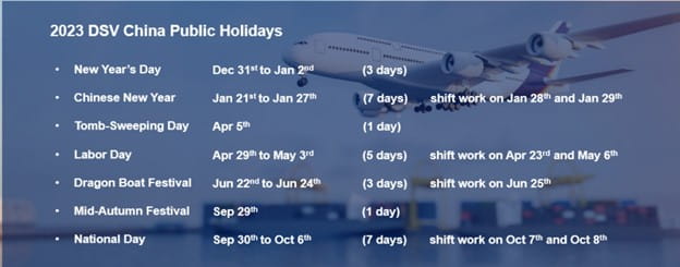 Fechas de los días festivos en DSV China durante 2023